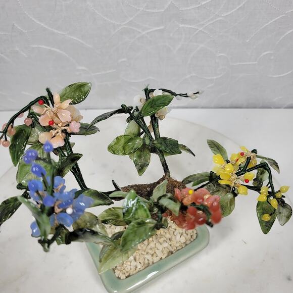 Vintage Bonsai Tree Jade Glass 8" Japanese Oriental Flower Blossom Ceramic Pot - Picture 12 of 15